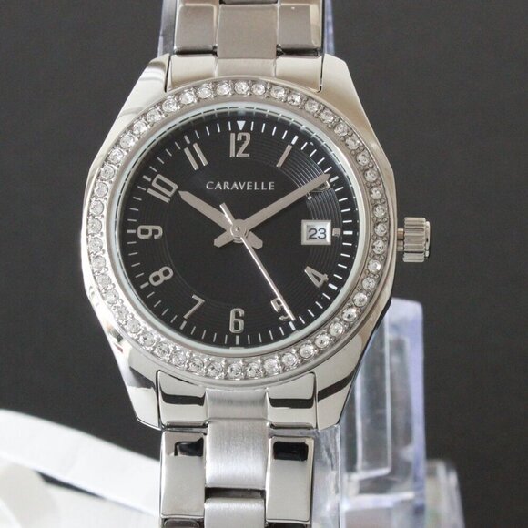 Caravelle Ladies Dress Watch By Bulova Black Sunray Dial 48 Crystal Bezel 28mm - Picture 6 of 12